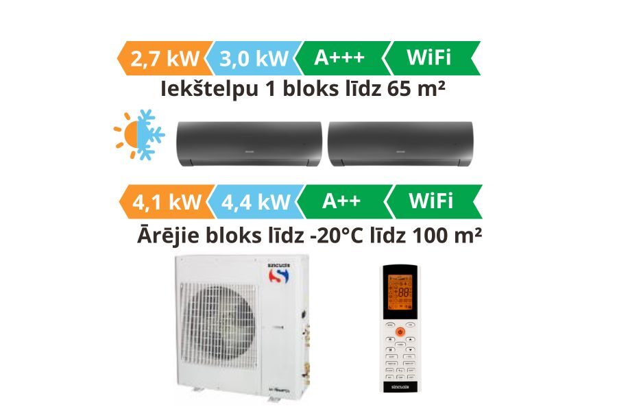 Multi split gaisa kondicionieris sistēma Sinclair, Terrel 2gb. melna krasa 2.7kW┃SIH + SOH-09BITW